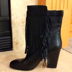 Black leather mid calf boots with fringes
